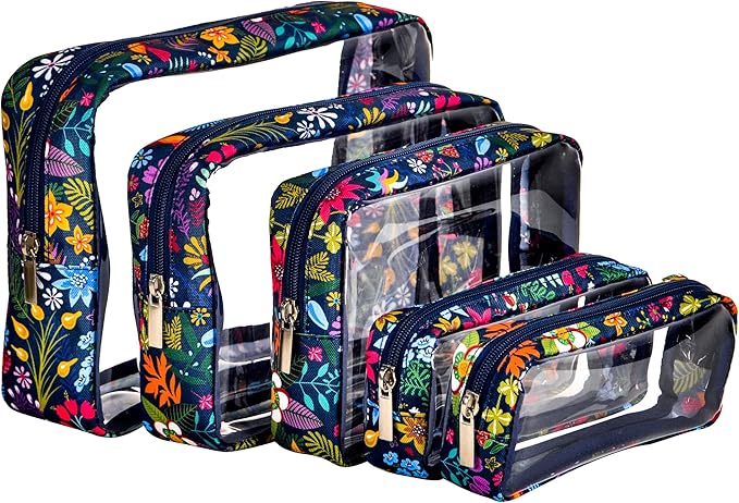 Remobia Hicol TSA Approved 5-Piece Diaper Bag Organizer Pouch Set Clear Waterproof TPU Kids Toiletry Storage Set Travel Packing Clutch Cube Bags for Baby Nursing(Flower)