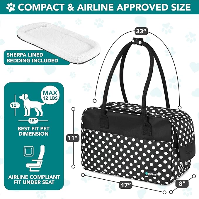PetAmi Dog Purse Carrier for Small Dogs Cats, TSA Airline Approved Soft-Sided Pet Carrier with Pockets, Ventilated Travel Tote Bag with Bed & Shoulder Strap, Puppy Kitten, Max 12 lbs, Polka Dot Black
