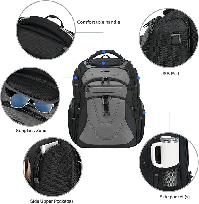 KROSER TSA Friendly Travel Laptop Backpack 18.4 inch XXXL Gaming Backpack Water-Repellent College Daypack Business Backpack with RFID Pockets & USB Port for Men/Women-Black/Grey