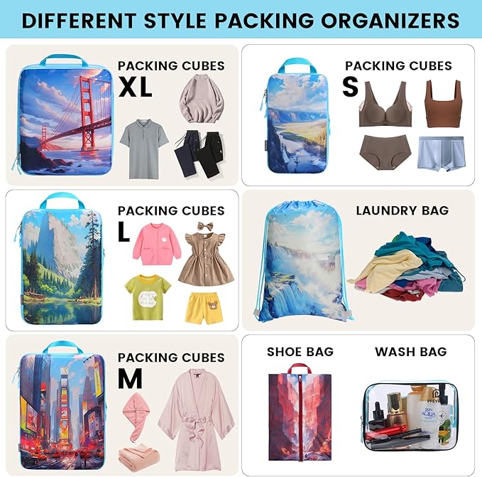 PFEYRPK Lightweight Compression Packing Cubes for Suitcases, Compressible Expandable Travel Packing Organizer with Clear Toiletries and Backpack Bag, Travel Essentials for Carry on Luggage 7 Set