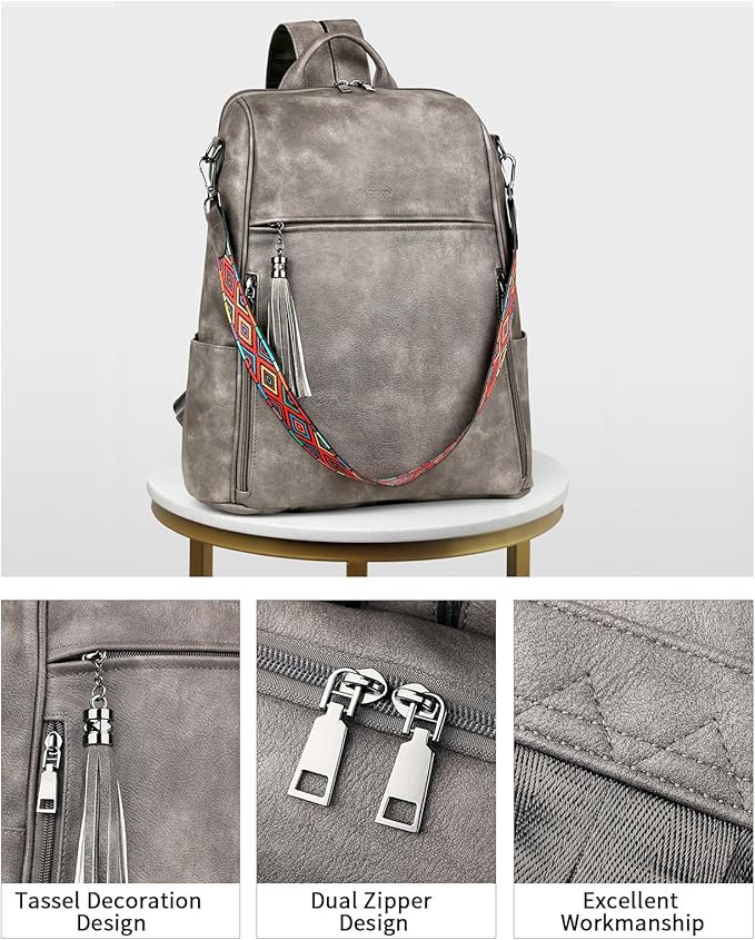 FADEON Leather Laptop Backpack for Women Designer 15.6 inch PU Laptop Bag, Ladies Travel Computer Work Backpack Grey
