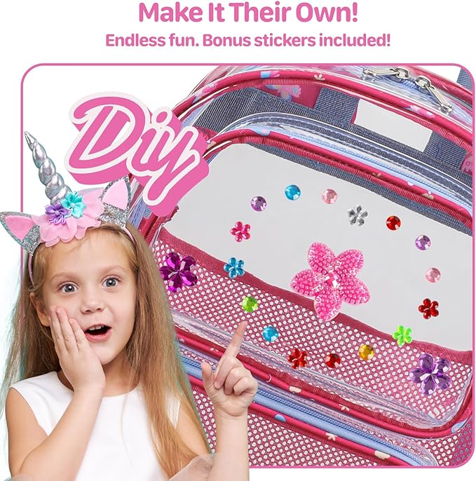 Bagseri Clear Backpack for Girls - 15 Inch Heavy Duty Kids Clear Bookbag for Kindergarten to Grade 2, Transparent School Bag with Reflective Strip, Fits Folders, Rose Pink Butterfly