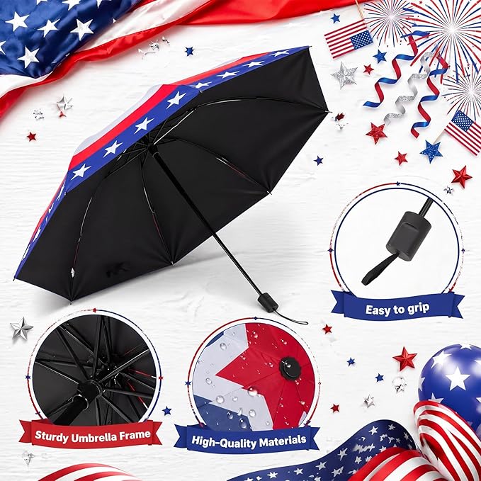 6 Pcs Patriotic American Umbrellas Red White Blue 4th of July Umbrellas with 8-Rib and Black Coating, Windproof