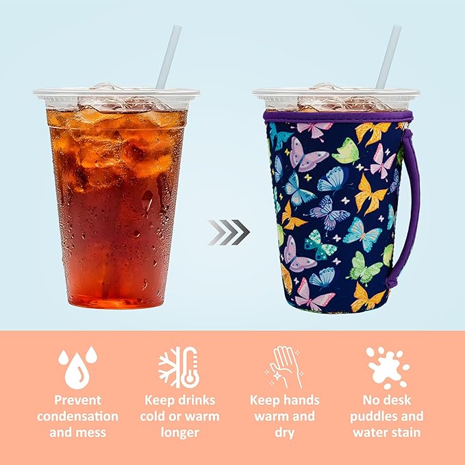 KJQJLY 3 Pack Reusable Iced Coffee Sleeves for Iced Coffee Cups or Drinks Reusable Neoprene Insulated Sleeves for Hot and Cold Drinks from Starbucks, Dunkin, And More (Dark butterfly)