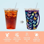 KJQJLY 3 Pack Reusable Iced Coffee Sleeves for Iced Coffee Cups or Drinks Reusable Neoprene Insulated Sleeves for Hot and Cold Drinks from Starbucks, Dunkin, And More (Dark butterfly)