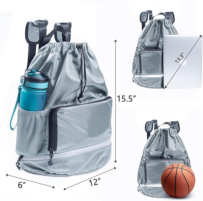 Swim Beach Sports Drawstring Backpack - Gym Bag with Shoes Compartment and Waterproof Pocket for Gym Accessories, Swim Essentials - Kids Mens Beach Workout Bag