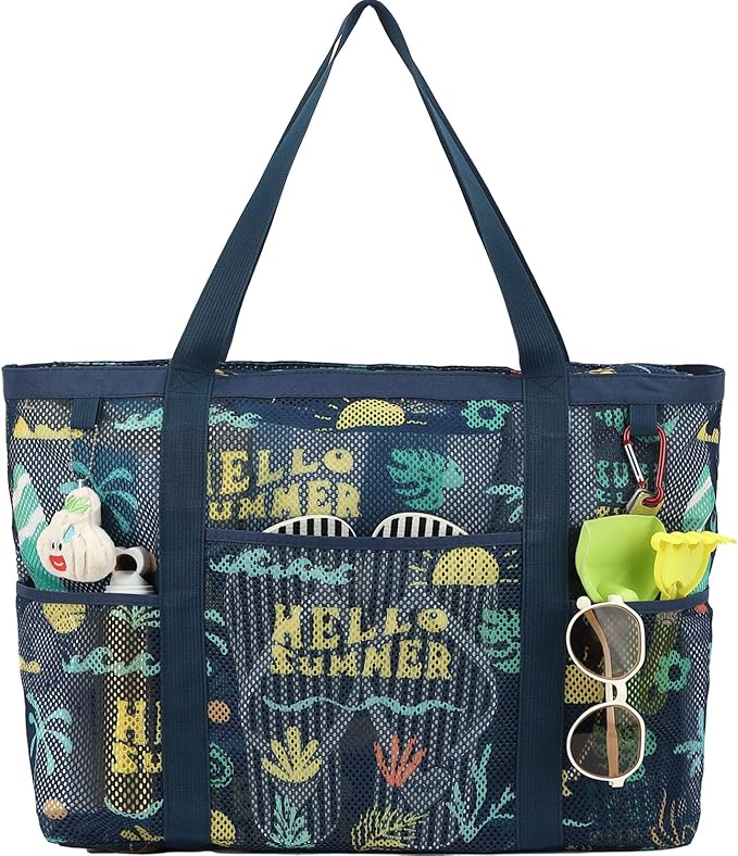 Fammart Mesh Beach Bag with Zipper, Large Beach Tote for Women, Toys Pool Swim Bag Travel Vacation Cruise Essentials