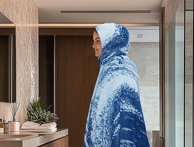 COTTON CRAFT Hooded Beach Towel - Oversized XXL 35x84 Towel with Hood for Adults - The Big Kahuna 7 Foot Large Beach Blanket Towel - Big & Tall Soft 100% Cotton Velour Pool Bath Wrap - Waves Blue