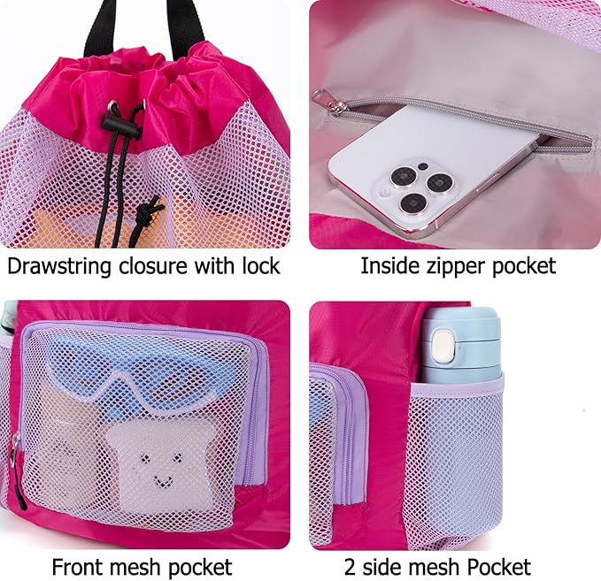 Swim Bag for Kids Mesh Beach Backpack for Girls Lightweight Drawstring Beach Bag Swimming Pool Sports Gym String Bag (Purple)