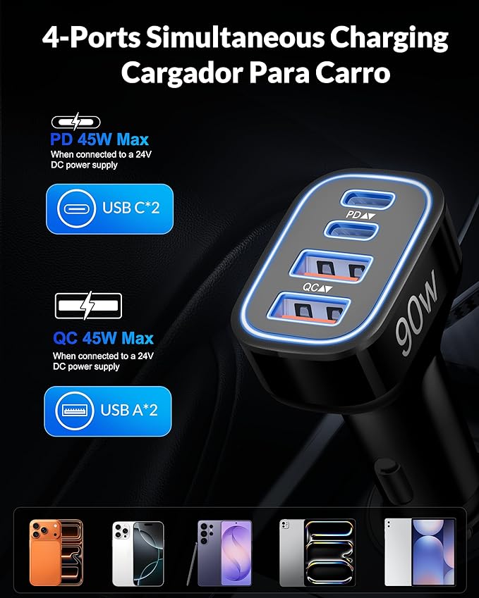 90W Fast Car Charger USB C, 2 Pack 4-Port Cigarette Lighter USB Charger Super Fast Charging, Multiport Car Phone Charger Accessories for iPhone 17/16/15/14/13/12 Pro Max, iPad, Galaxy, Tablet, Android