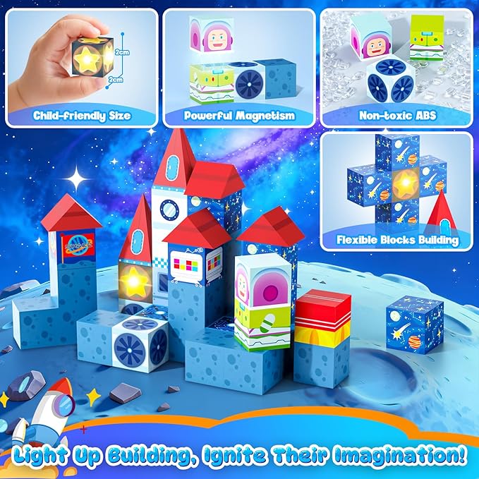 36 PCS Mini Magnetic Tiles Travel Set with Portable Iron Storage Box, STEM Learning Magnetic Building Blocks with LED Light-Up Glow in The Dark, Montessori Sensory Toys Gifts for Toddler, Boys & Girls