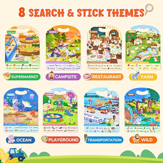 JoyCat Reusable Sticker Book Set (4-Pack), Kids Sticker Activity Books, 120+ Stickers for Toddlers, Travel Toys for Car Airplane Road Trips, Preschool Educational Learning Gifts for Boys Girls