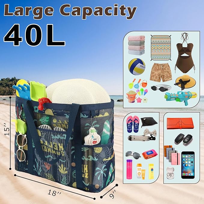 Fammart Mesh Beach Bag with Zipper, Large Beach Tote for Women, Toys Pool Swim Bag Travel Vacation Cruise Essentials