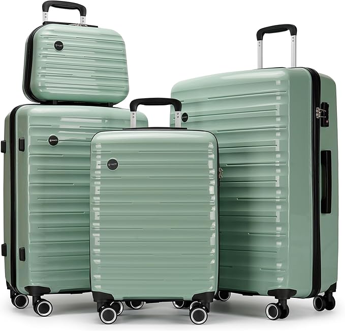 GinzaTravel 4 Piece Hard Shell Luggage Sets with Spinner Wheels PP Hardside Large Suitcase with Wheels TSA Lock,20 inch 24 inch 28 inch,Green