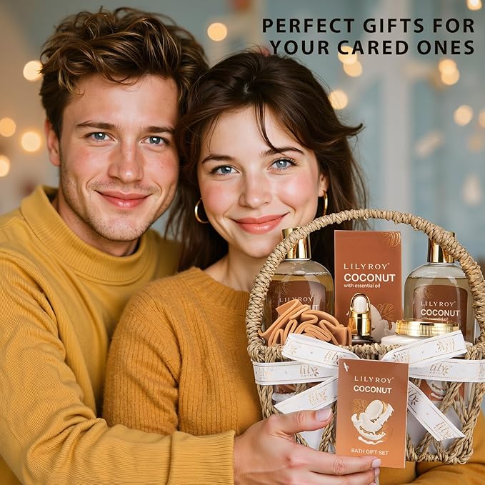 Mother's Day Gift Basket for Women, Gifts for Women - 7Pcs Coconut Bath and Body Spa Gift Basket for Women & Men Self Care Spa Kit | Valentines Day, Fathers Day, Birthday, Christmas Gifts for Her Him