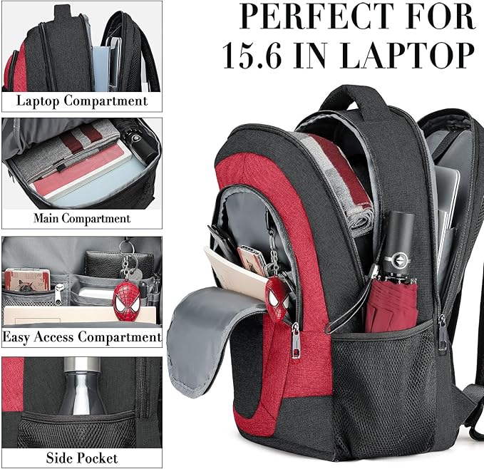 BIKROD Travel Laptop Backpack for Woman and Men, School Backpack for Teens, Waterproof College Back Pack for 15.6 IN Laptop Backpack, Adult Business Computer Travel Backpack, BlackRed