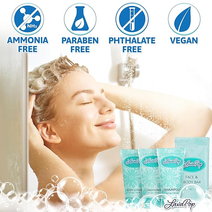 LavaPop - Travel Size Hotel Toiletries Bundle - Iris, Violet & Amber, 0.7 oz each, 200 Pcs - 4-Piece Set: 50 Rectangular Bar Soap, 50 Shampoo, 50 Conditioner & 50 Body Lotion - Bulk Small Toiletries