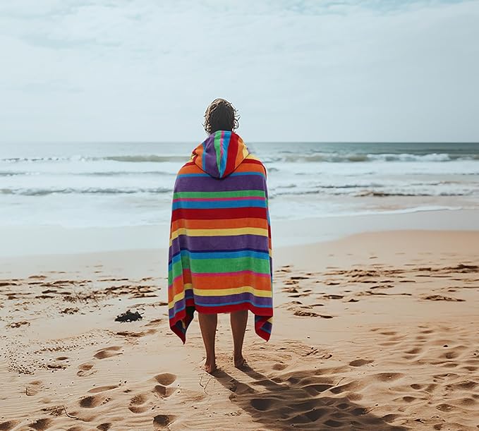 COTTON CRAFT Hooded Beach Towel – Oversized 35 x 70 Towel with Hood for Adults - Summer of Siam - 100% Cotton Velour Dobby Terry Towel - Soft Absorbent Quick Dry - Pool Bath Wrap – Multicolor Stripe