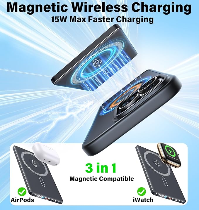 3-in-1 5000mAh for Magsafe Power Bank Thin Slim 22.5W Fast Charging Type C Magnetic Battery Pack Powerbank for Travel, Mini Wireless Portable Charger for iPhone 17 16 15 14 13 12 Watch Android, Black