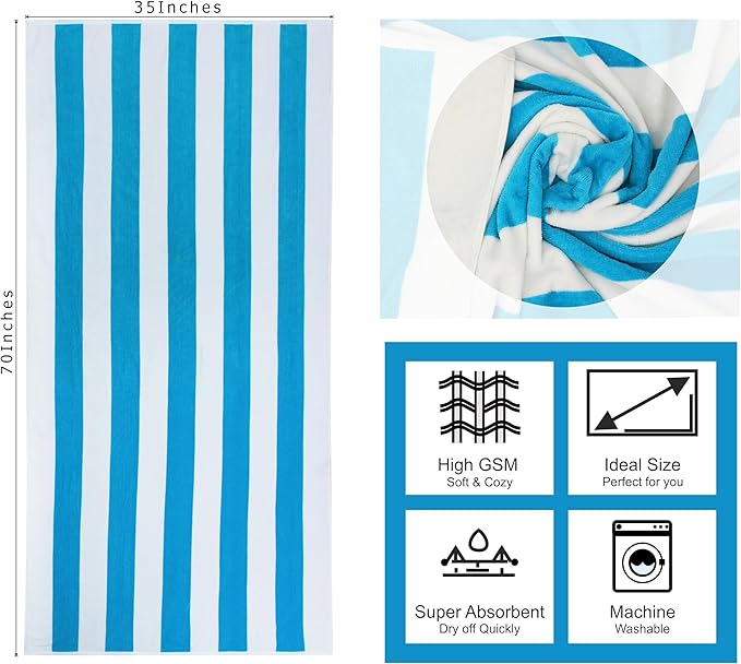 COTTON CRAFT Oversized Beach Towel - 2 Pack 35 x 70 inches XL Beach Towel - 100% Cotton Velour - Big & Huge - Thick Plush 450 GSM Super Soft Luxury Towel - Pool Picnic Bath - Cabana Stripe Aqua