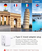 HANYCONY European Plug Adapter, US to Europe Power Adapter with 2 Outlets & 3 USB Ports (2 USB C), Type C Travel Adapter for Italy, Spain, France, Germany, Greece, Iceland, Essentials for Cruise Ship