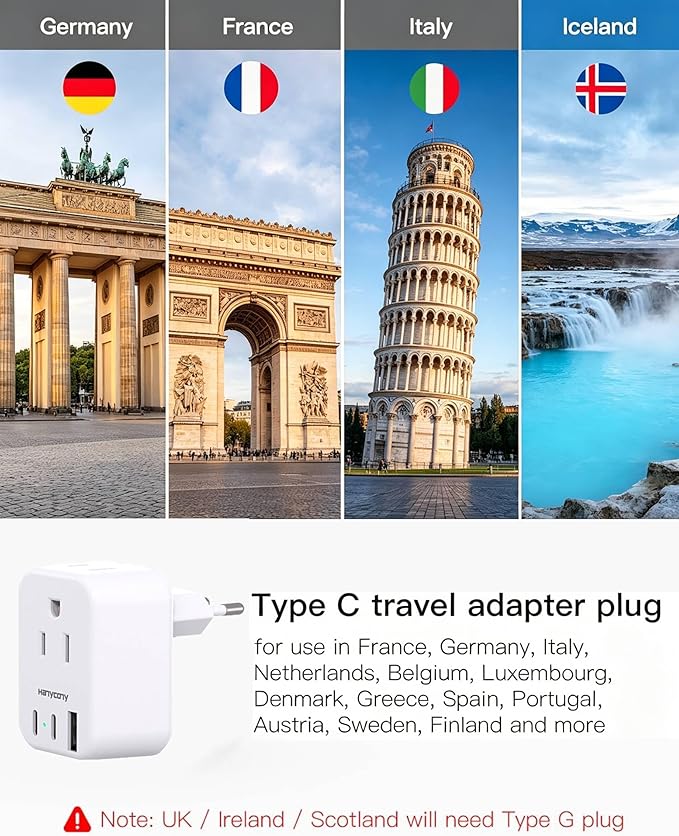 HANYCONY European Plug Adapter, US to Europe Power Adapter with 2 Outlets & 3 USB Ports (2 USB C), Type C Travel Adapter for Italy, Spain, France, Germany, Greece, Iceland, Essentials for Cruise Ship