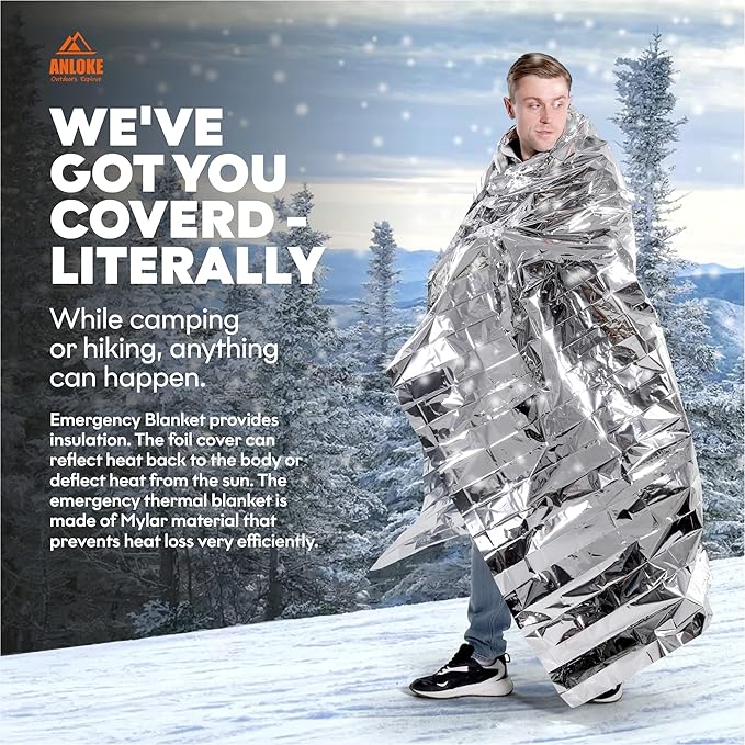 ANLOKE Emergency Blankets Mylar Thermal Blanket-(50 Pack) of Gigantic Space Blanket 82 * 64 in. Survival Blankets Heavy Duty Camping Gear,First Aid