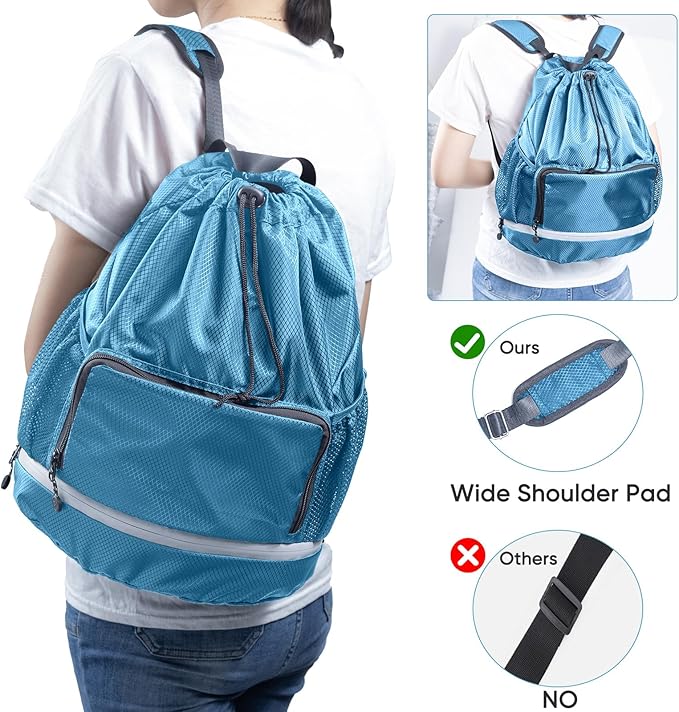 Swim Beach Sports Drawstring Backpack - Gym Bag with Shoes Compartment and Waterproof Pocket for Gym Accessories, Swim Essentials - Kids Mens Beach Workout Bag