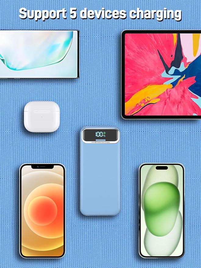 Portable Charger, 20000mAh 22.5W Fast Charging Power Bank with Built-in Cables & Wall Plug, Travel Essential External Battery Pack with LED Display, USB C Battery Phone Charger for iPhone Samsung Blue