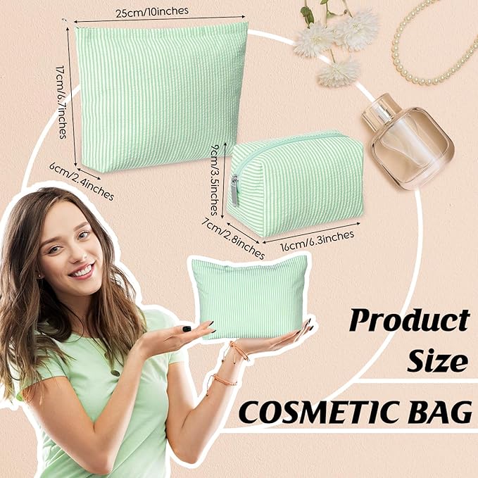 Huhumy 2 Pcs Makeup Bag Set Cute Cosmetic Pouch for Women Seersucker Travel Toiletry Bag Preppy Small Makeup Purse Pouch Aesthetic Skincare Brushes Storage Organizer for Valentine Women(Green)