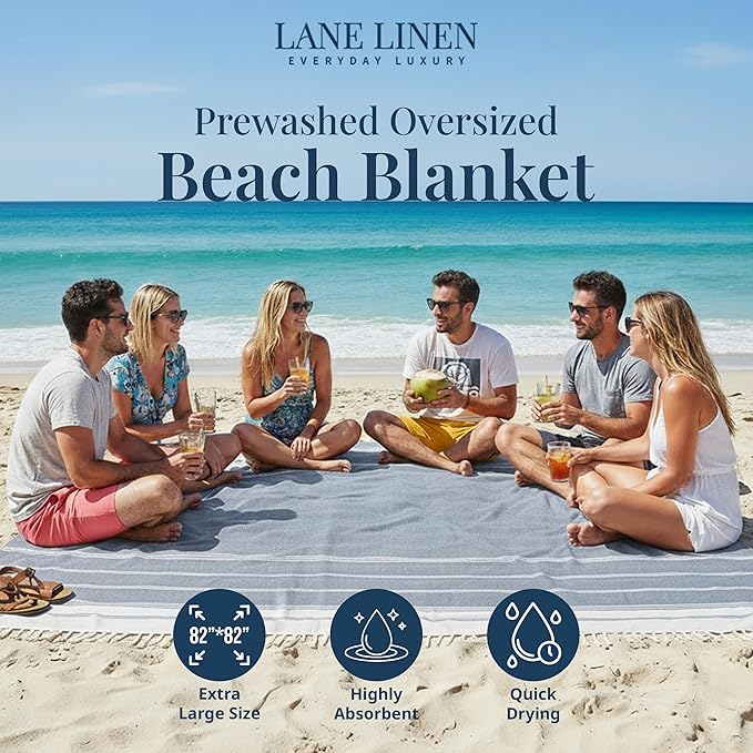 LANE LINEN Camping Blanket - Large Beach Towel, Beach Accessories with Oversized Comfort (82"x82"), Sandproof, Perfect for Seaside Adventures, Park Gatherings, or Family Beach Days – Navy Blazer