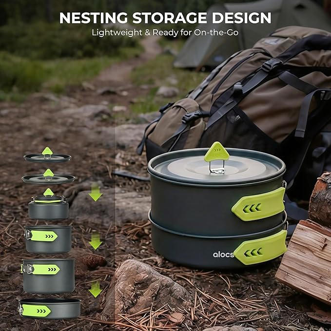 Alocs Camping Cookware Set - Lightweight Camping Pots and Pans - Portable Outdoor Cookware with Kettle - Camping Cookware Mess Kit for 2