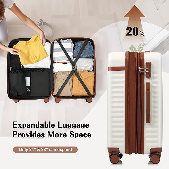 3 Piece Luggage Set ABS Hardshell Lightweight Suitcase Sets with Spinner Wheels and TSA Lock, 20 inch with Front Opening Design and USB Port, 20" Airline Certified Carry-on Luggage, 20"24"28", White