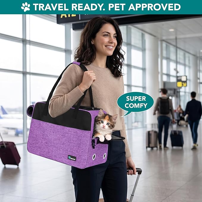 PetAmi Dog Purse Carrier for Small Dogs Cats, TSA Airline Approved Soft-Sided Pet Carrier with Pockets, Ventilated Travel Tote Bag with Bed & Shoulder Strap, Puppy Kitten, Max 12 lbs, Purple