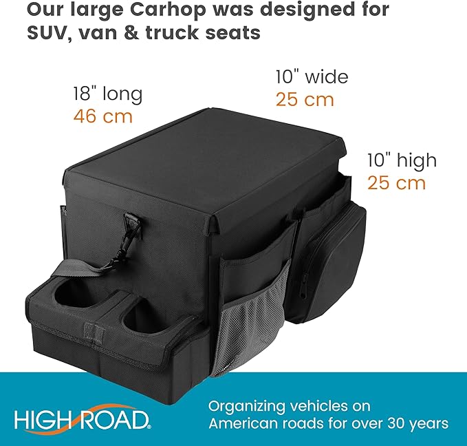 High Road CarHop Front Seat Car Organizer with Car Cup Holder, Passenger Seat Tray and Padded Filing or Cooler Compartment with Side Pocket Storage