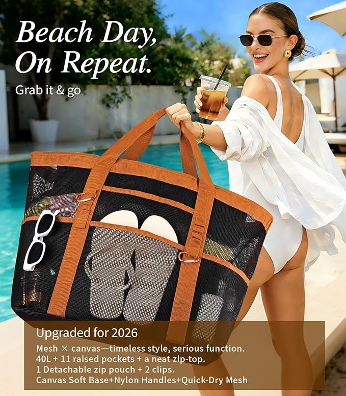 2026 Stylish & Spacious XX-Large Beach Bag for Women – Mesh × Canvas Tote with Top Zipper, 11 Tall Pockets | 40L+ Spacious, 11 Tall Pockets, Zipper Pouch, Secure Zip-Top, Sand-Resistant Base