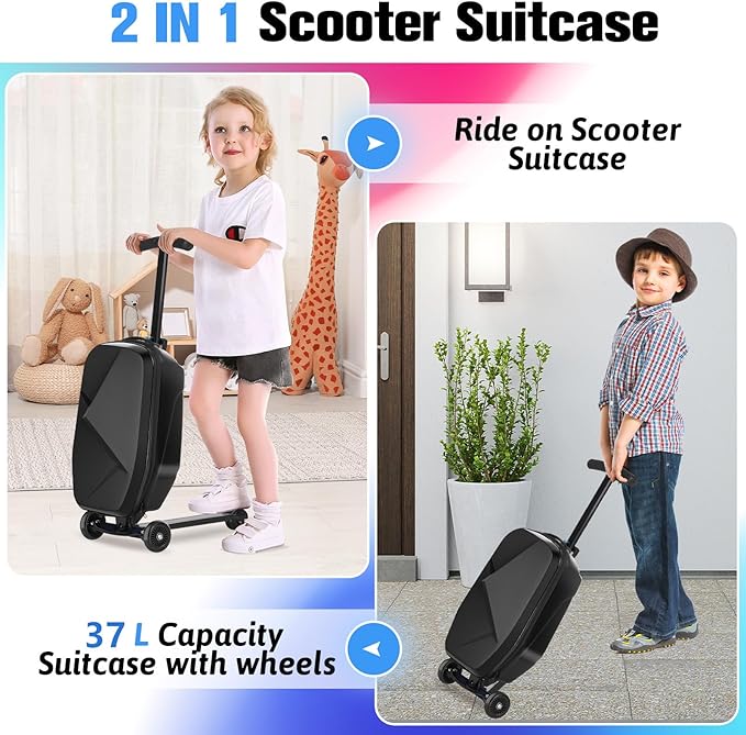 smilesun Scooter Luggage For Kids & Adults， Hardside Ride On Suitcase For Kids Ages 4-15 Multifunctional Lightweight Foldable Carry On Luggage With Wheels Ride On For Children Teenagers（Coal Black）