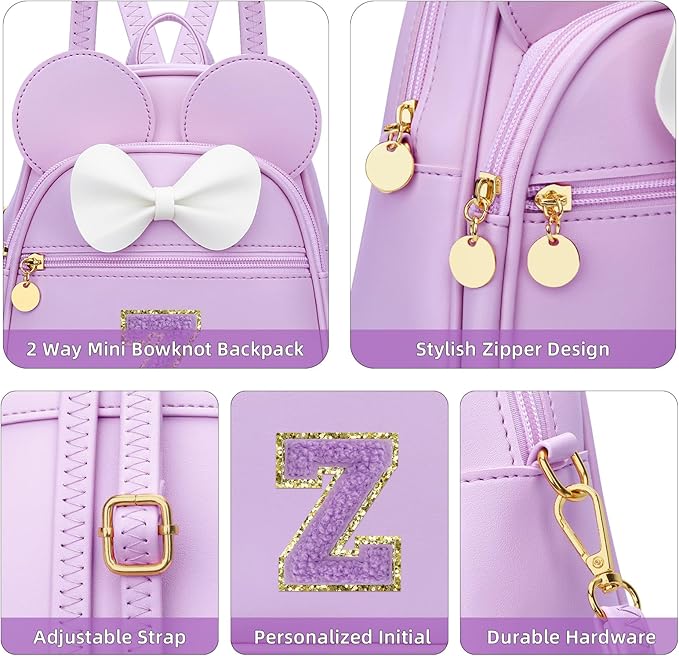 KKXIU Girls Initial Bowknot Cute Mini Backpack for Toddler, Travel Small Girl Backpacks, Personalized Birthday Gifts for Little Girls and Kids(Z, Purple)