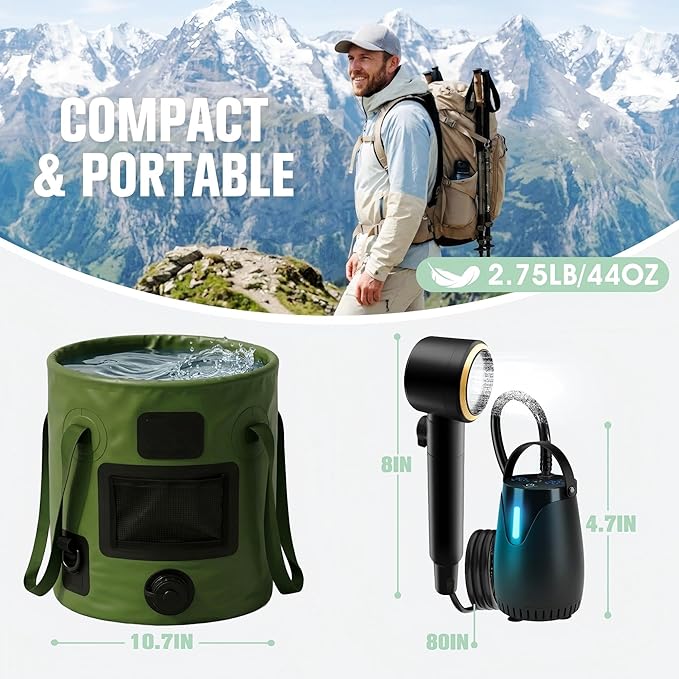 FizZeal Portable Shower for Camping, 8000mAh Rechargeable Portable Camping Shower Pump with 6.6 Gallons Foldable Bucket, 5 Speed & LED Display,Rinse Kit Portable Outdoor Camping Travel Shower Head