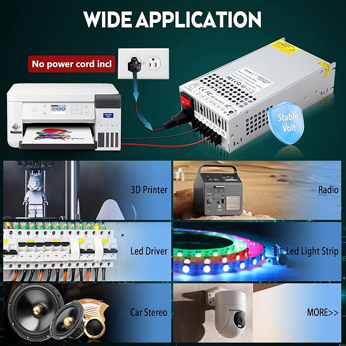 VAYALT 12V 100A 1200W DC Switching Power Supply, Universal Regulated Switching AC 110V/220V to DC 24V Transformer, Power Supply for Industrial, CCTV, Computer Project, LED Strip Light(No Power Cord)