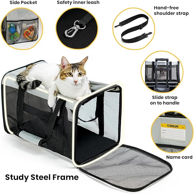 Conlun Soft-Sided Cat Carrier for Small-Medium Cats, Puppies up to 15 Lb, Airline Approved