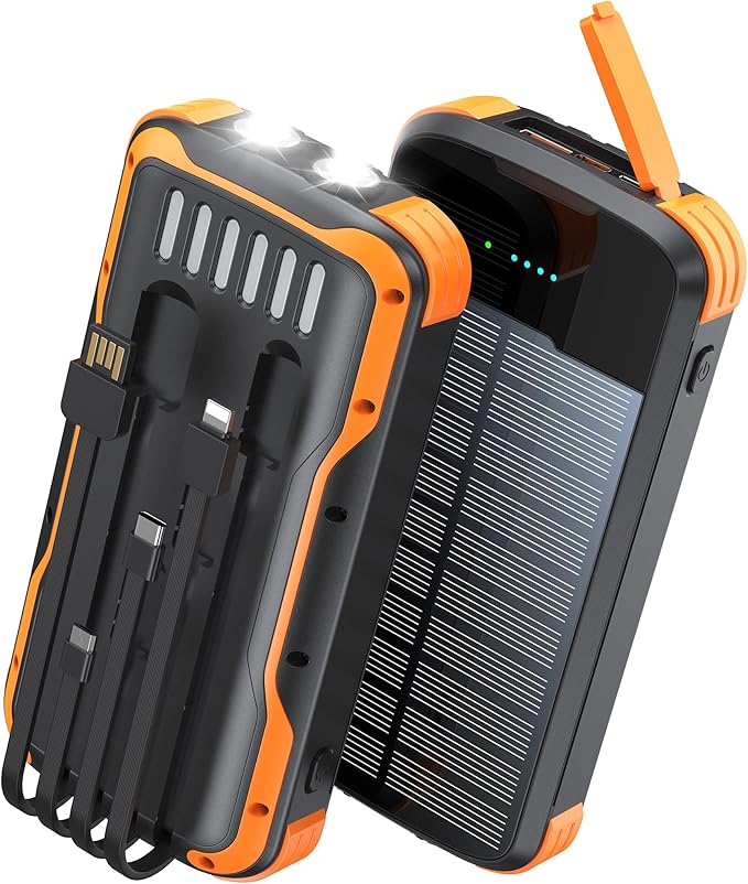 Solar Charger Power Bank, PD 20W Fast Charging External Batter, 40000mAh Portable Phone Charger Built in 4 Cables with Dual Bright Flashlights for Camping, Hiking, and Outdoor Use