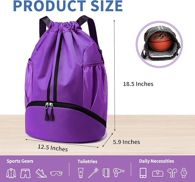 JELUTAR Drawstring Backpack Gym Bag with Shoes Compartment for Soccer, Basketball, Swim, Water-Resistant String Backpack Beach Cinch for Women Men, Purple