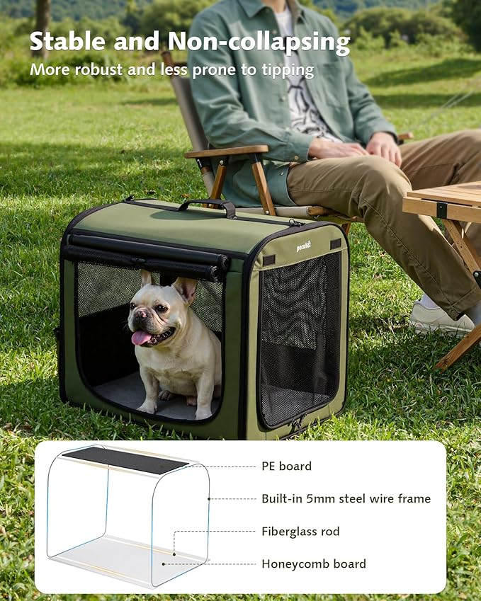 Dog Car Carrier Light Weight 24×17.7×20.5in, Dog Carrier Easy to Assemble, Dog Car Crate Portable and Breathable, Foldable Pet Carrier for Indoor and Outdoor, Dog Travel Crate with Curtain Green
