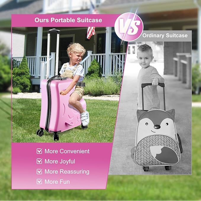 24 Inch Kid Ride Suitcase,Kid Luggage Seat Ride With Lock - Kids Travel Trolley With Safety Belt, Kids Luggage With Wheels Child Stroller Spinner Luggages, ABS+PC (Pink, 6-12 Years)