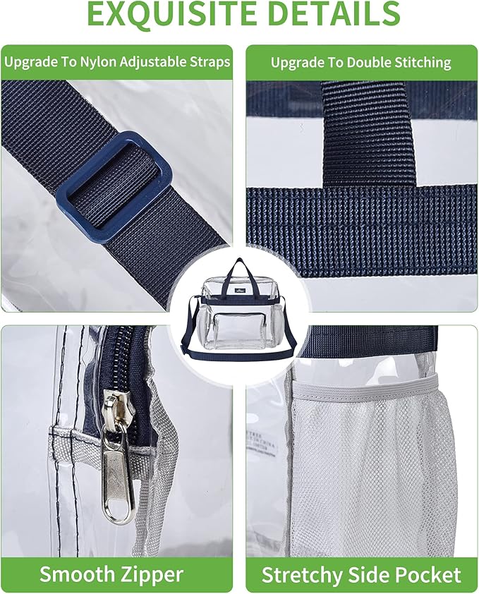 MAY TREE Clear Bag for Stadium Events 12×6×12 Clear Tote Lunch Bag with Reinforced Straps for Work, Sporting Events and Gym, Navy