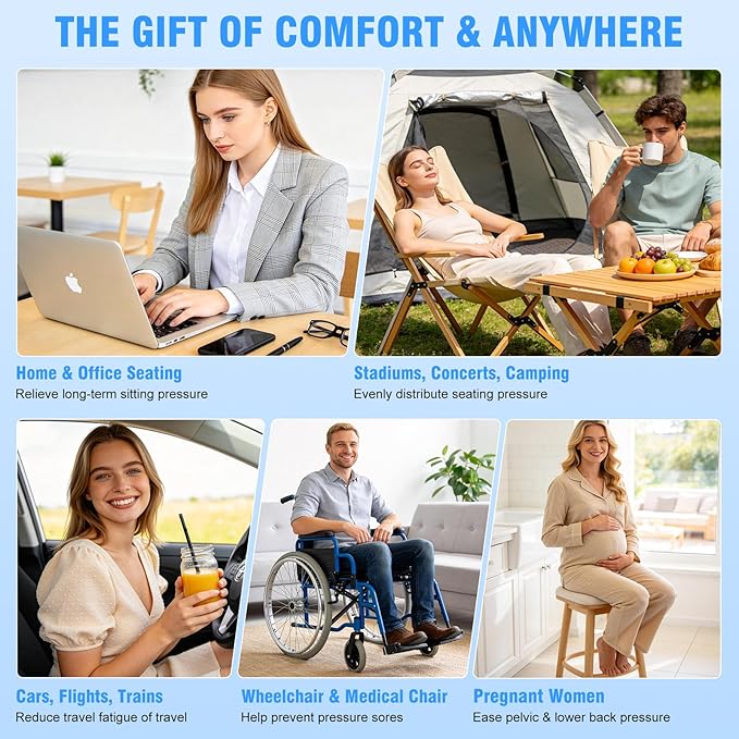 Upgrade Travel Cushion Airplane Seat with No External Pump, 3D Inflatable Seat Cushion, Adjustable Air Cushion with Non-Skid, Coccyx Tailbone Pain Relief Chair Pad for Office, Car, Wheelchair