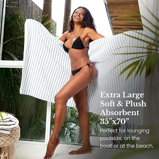 Black & White Brands Brazilian Beach/Pool/Bath Towel - Ultimate Absorbent Luxury XL 36x70 100% Cotton Wave (4 Towels, Turquoise Poly Stripe)