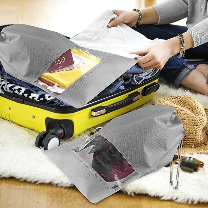 Large Gray Travel Shoe Bags - 10 Pcs with Clear Window, Non-Woven Drawstring, 12.6" X 17.3" for Men Women