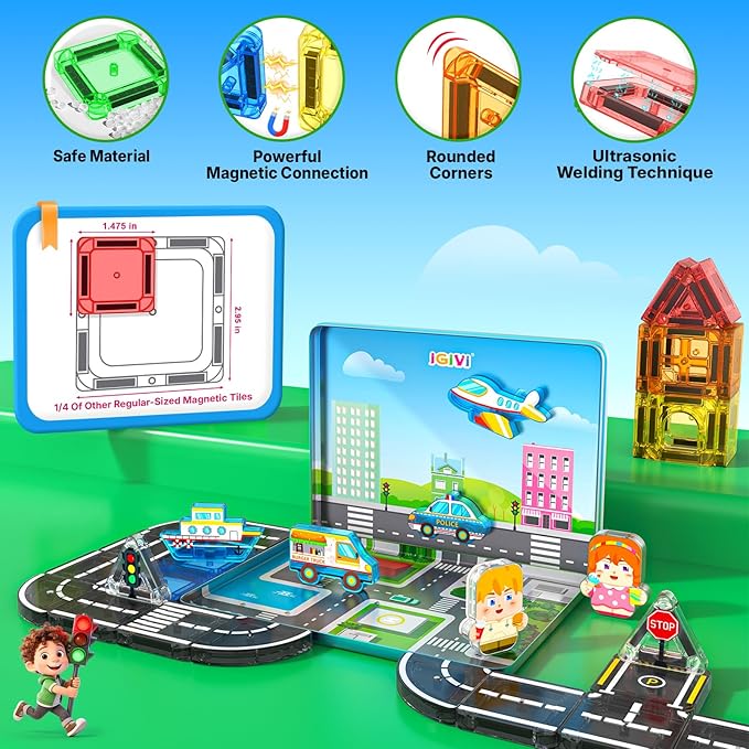 Mini Magnetic Tiles Road Travel Essentials Set — Portable STEM Sensory Magnetic Building Blocks for Toddlers & Preschool Toys, Compact Travel Toys for 3+ Boys & Girls, Easter Birthday Gift